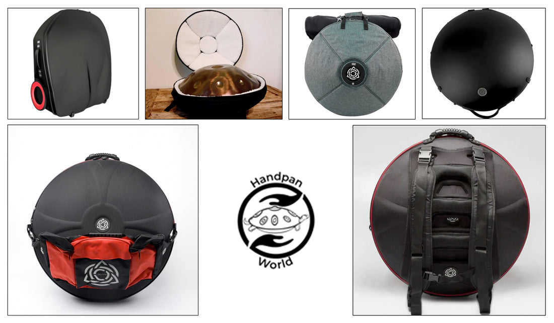 Collage von Handpan Rucksacktaschen mit Handpan.World Logo