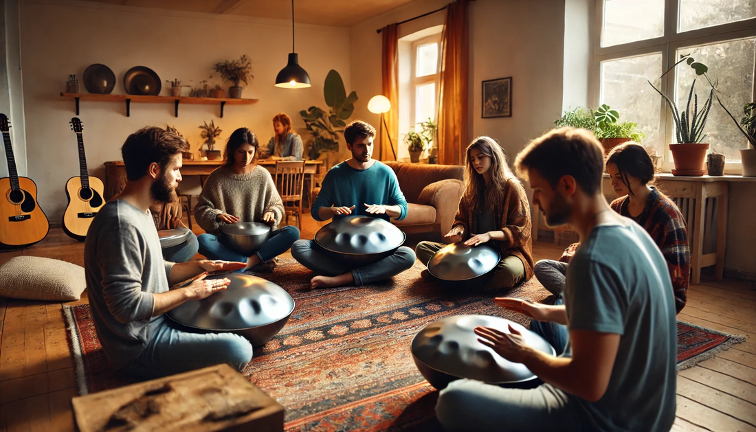 Handpan-Spieler sitzen in einem gemütlichen Raum und lernen in einer Workshop-Runde von einem erfahrenen Musiker. Der Raum ist warm beleuchtet und bietet eine einladende Atmosphäre mit Pflanzen.