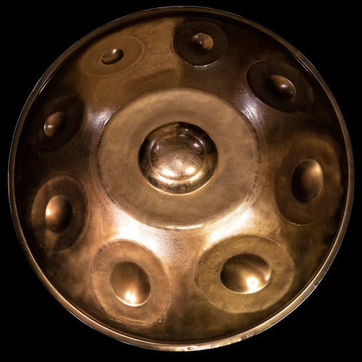 Hochwertige golden schimmernde Handromeda Handpan mit 9 Tonfeldern im Salamander Design wurde handgefertigt in Brasilien hergestellt und liegt gut belichtet auf einem schwarzen Hintergrund. Kaufe diese und weitere Handpans bei Handpan.World