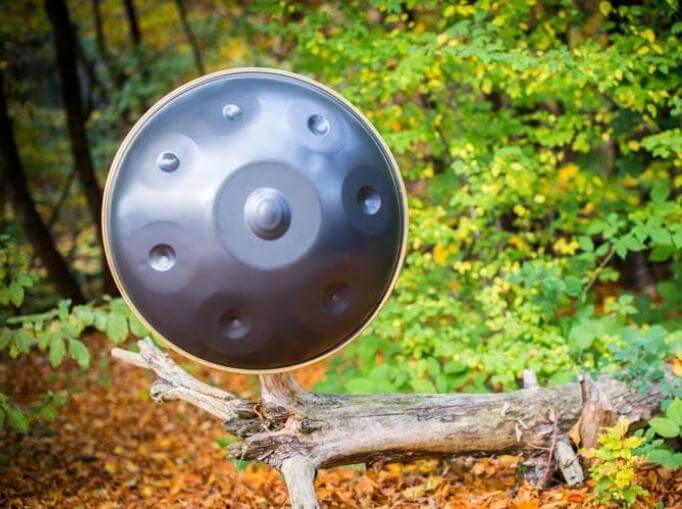 Eine nitrierte Handpan wurde an einen morschen Bauchstumpf gehangen. Dieser liegt in einem mit braun-orangenen Blättern bedeckten Wald, der voller grüner Bäume und Gräsern steht.