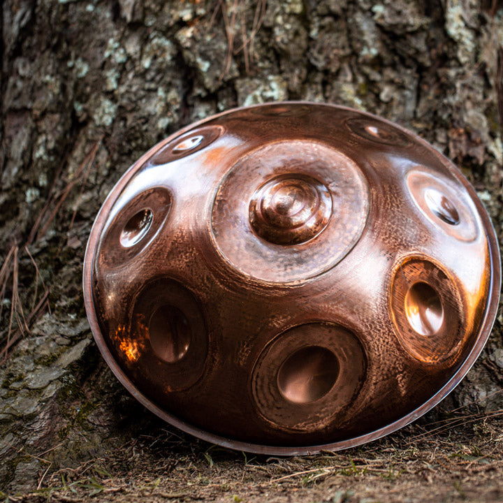 Handromeda Handpan im Godzilla Design lehnt an einem großem Baum. Erfahre jetzt die Schönheit dieses wunderschönen Instruments bei Handpan.World