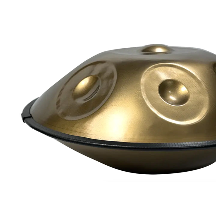 Die Seitenansicht des Horazyon Handpan Drum Instruments aus Edelstahl, ideal für Anfänger, ist preiswert bei Handpan.World erhältlich.