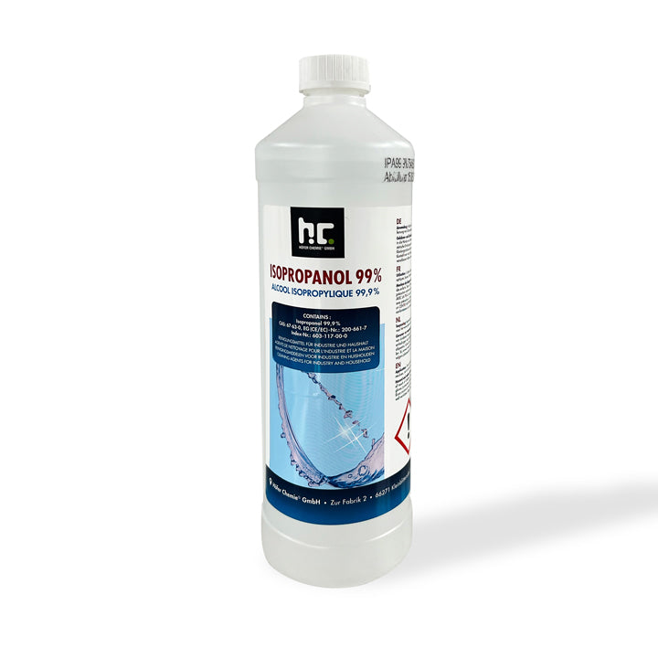 Eine 1 Liter Flasche Isopropanol 99,9% zur Reinigung von Handpans aus Edelstahl und nitriertem Kohlenstoff Stahl steht auf einem Weißen Untergrund. Verwendung empfohlen vor der Anwendung von Handpan Pflege Öl.
