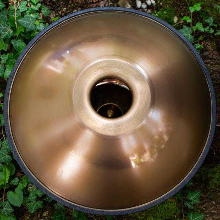 SEW Mini Handpan aus Edelstahl liegt mit der Rückseite nach oben zwischen Pflanzen in der Natur