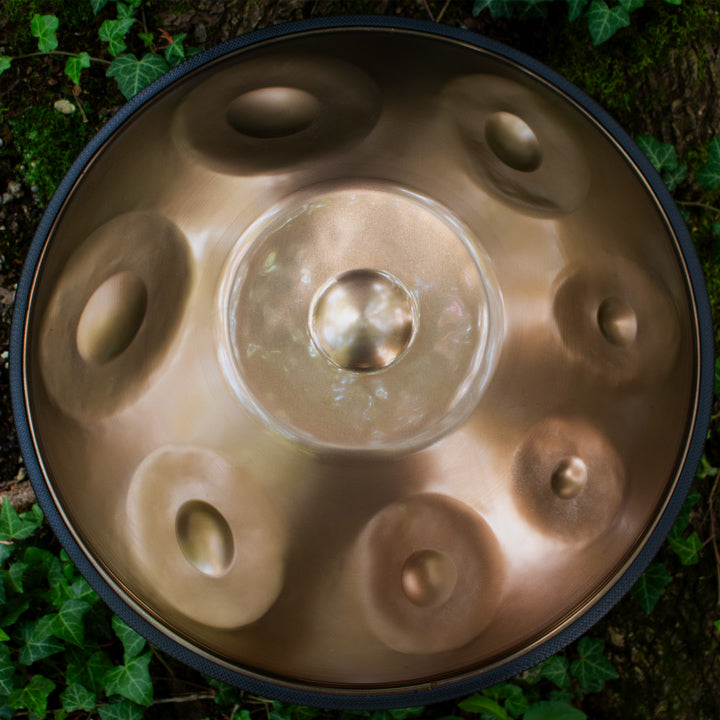 SEW Mini Handpan aus Edelstahl liegt zwischen Pflanzen in der Natur