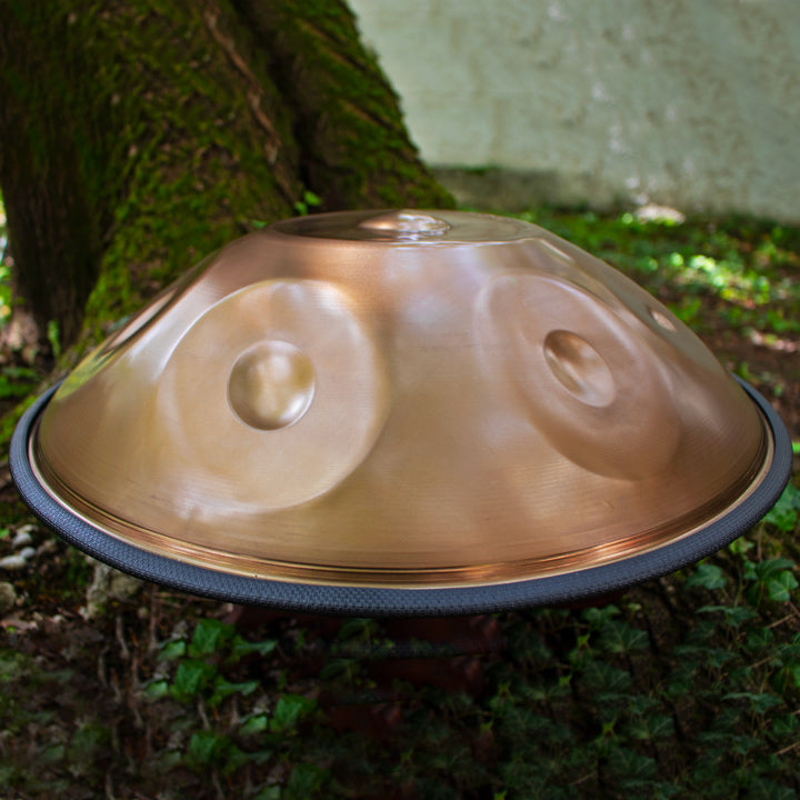 SEW Mini Handpan aus Edelstahl liegt zwischen Pflanzen und Bäumen in der Natur