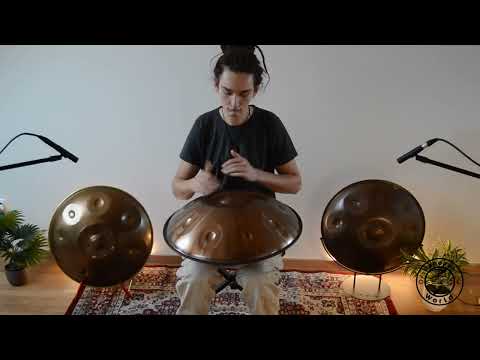 Handpanspieler spielt eine Aelo Handpan in der Stimmung C# Kurd / Annaziska aus Edelstahl mit 9 Tonfeldern