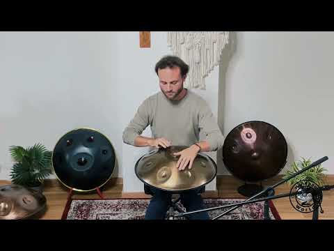 Handpanspieler spielt eine Aelo Handpan in der Stimmung C# Kurd / Annaziska aus Edelstahl mit 8 Tonfeldern (50cm)