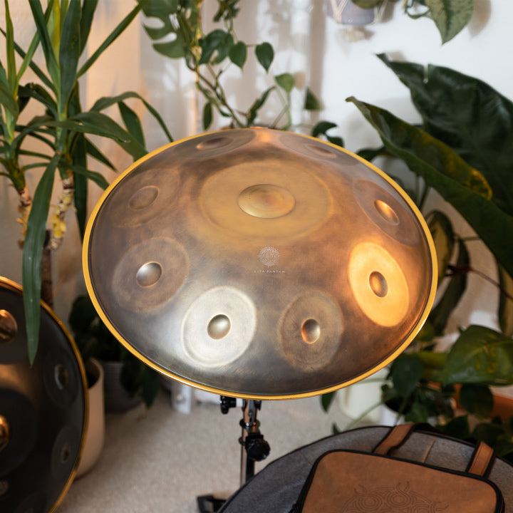 Kita Pantam in dem Design Gold Vintage steht in einem gemütlichen Raum mit Pflanzen und anderen Handpans auf einem Handpan Ständer